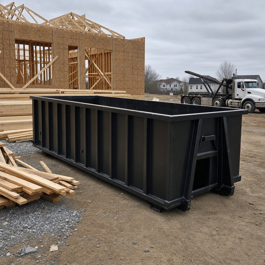 Matte-black 40-yard roll-off dumpster staged on a framed-out residential construction site in Huntington Beach, framing lumber stacked nearby, hooklift delivery truck visible in the background under bright Colorado daylight