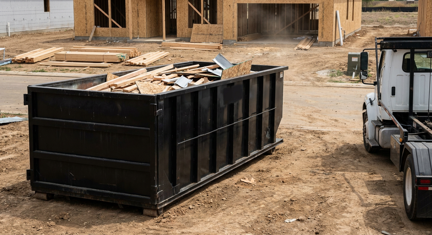 Matte-black 20-yard roll-off construction dumpster with heavy ribbed steel sidewalls and swing rear doors at a working jobsite in Huntington Beach, sitting directly on compacted dirt with an unmarked white hauler partially visible at the far edge of the frame.