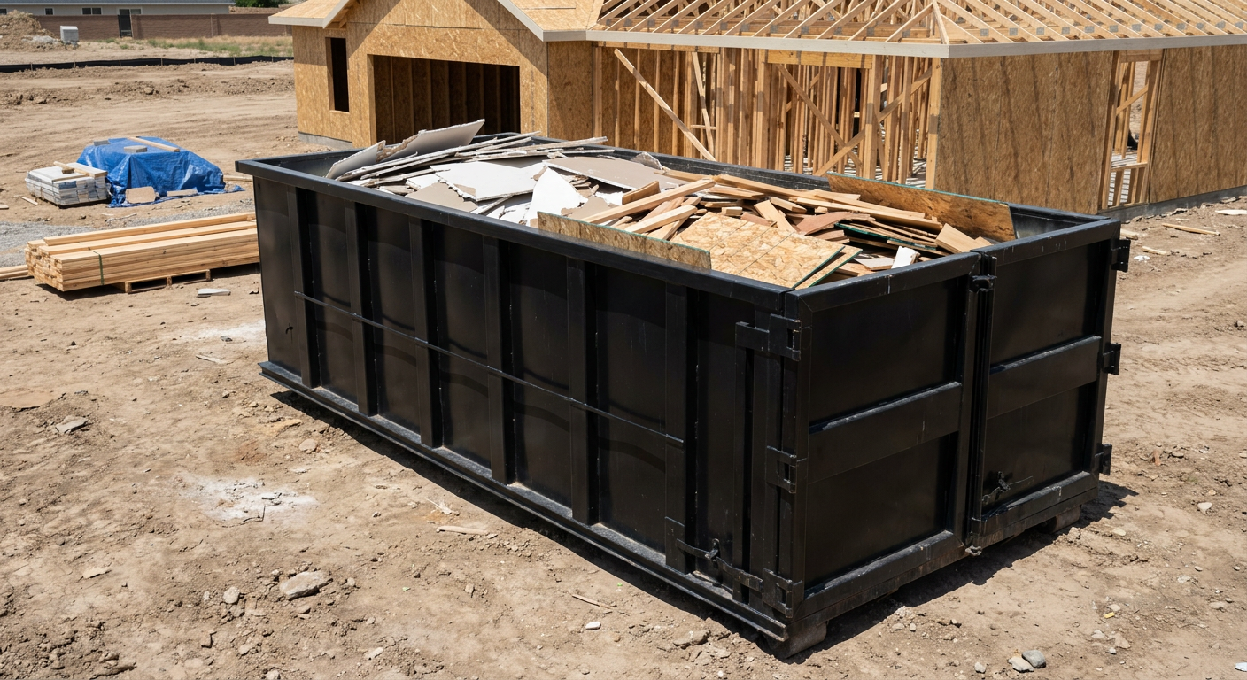 Matte-black 30-yard roll-off construction dumpster sitting directly on the compacted-dirt site of a framed single-family home build in Huntington Beach, drywall and lumber scrap loaded inside.