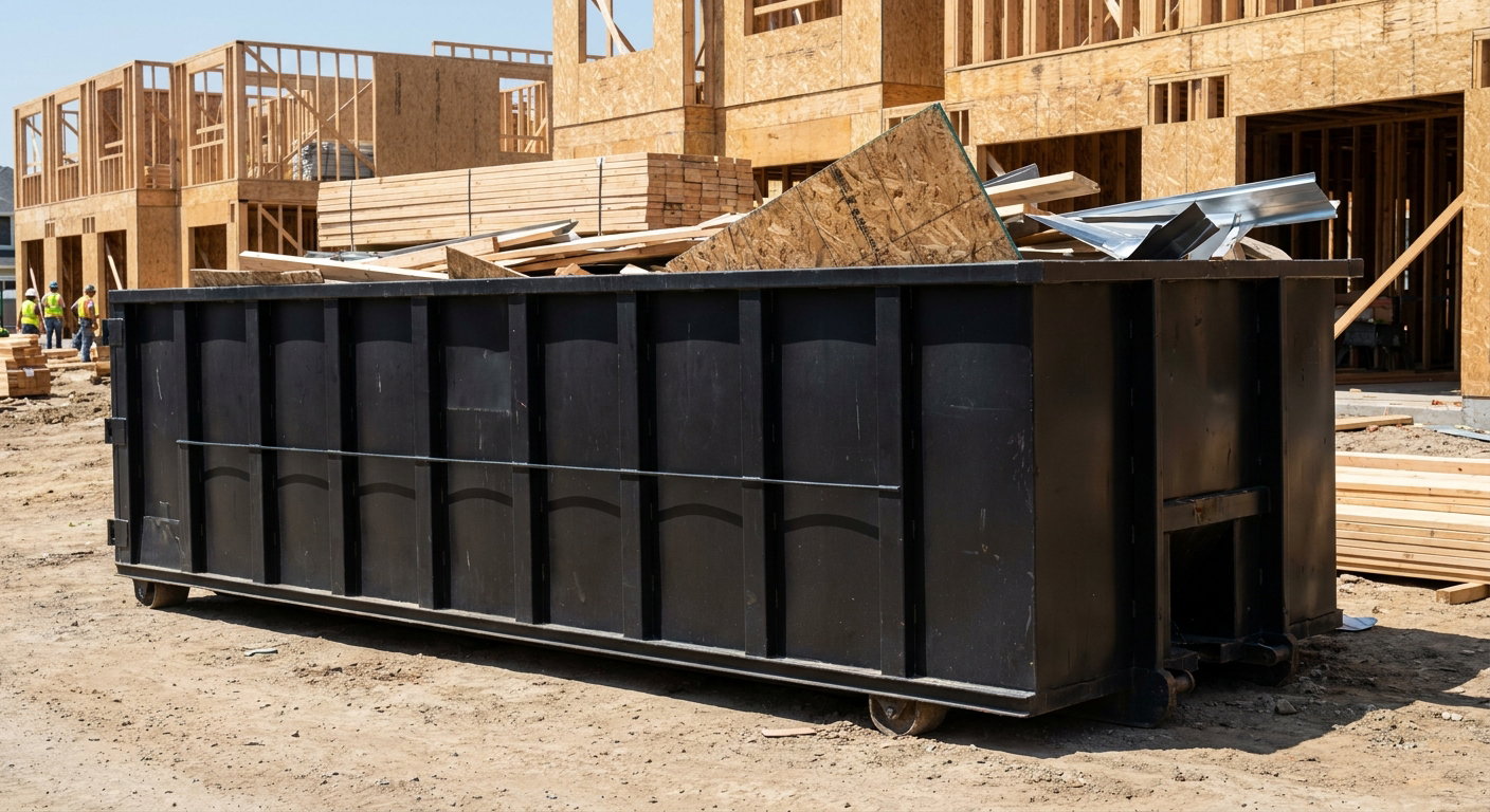 Matte-black 40-yard roll-off construction dumpster being lowered from a white-cab hooklift delivery truck onto the compacted-dirt jobsite at a commercial build site in Huntington Beach