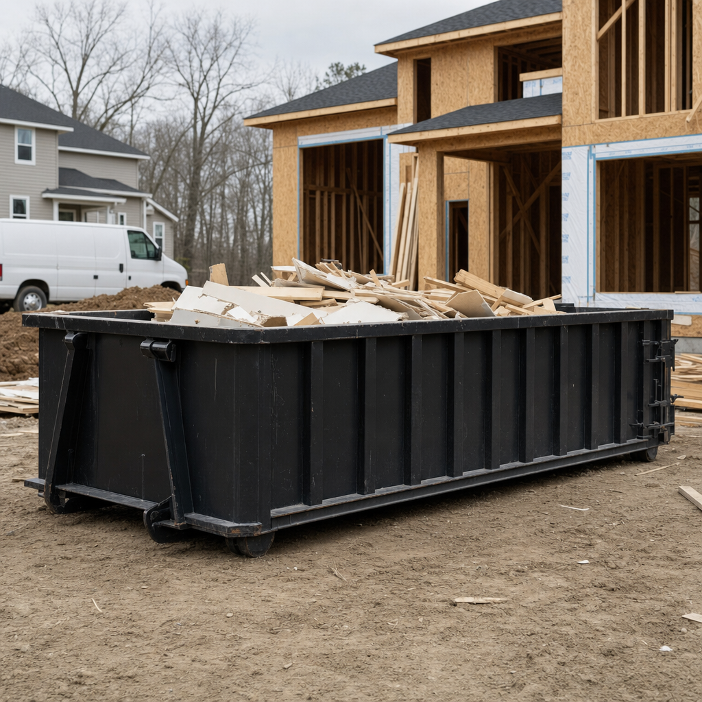 Worker in a yellow high-visibility vest tossing framing lumber and broken drywall into a matte-black 30-yard construction roll-off dumpster on an active build site in Huntington Beach, bright daylight