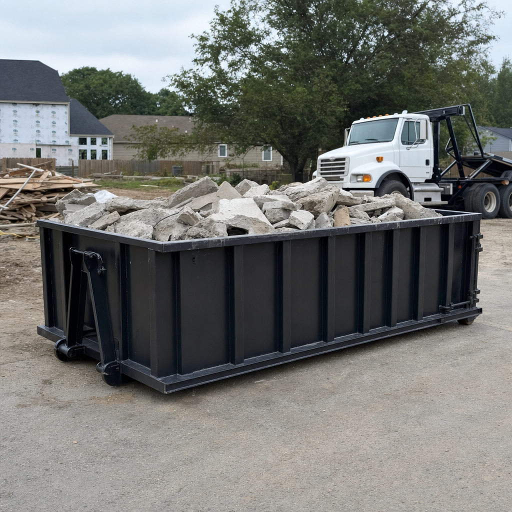 Low-profile matte-black lowboy roll-off dumpster loaded with broken concrete slab and rebar at a foundation tear-out in Huntington Beach, skid steer parked beside it, sunny Colorado morning