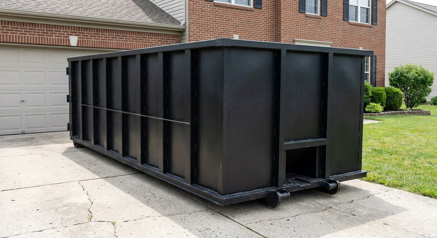 Matte-black 20-yard roll-off container on a Huntington Beach residential concrete driveway with reinforced ribbed steel sidewalls and a hinged rear walk-in door, clean bright daylight.