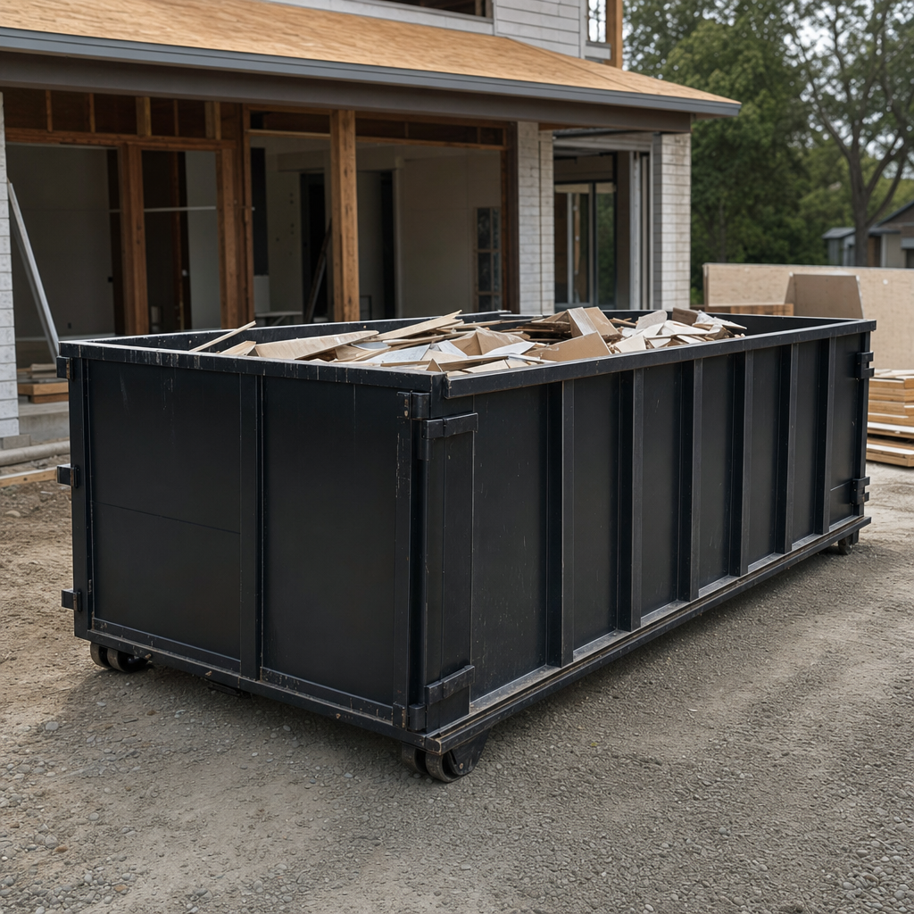 Large matte-black 30-yard construction roll-off dumpster at an active Huntington Beach jobsite, steel-gray top rails and bottom rollers visible, loaded with construction debris.