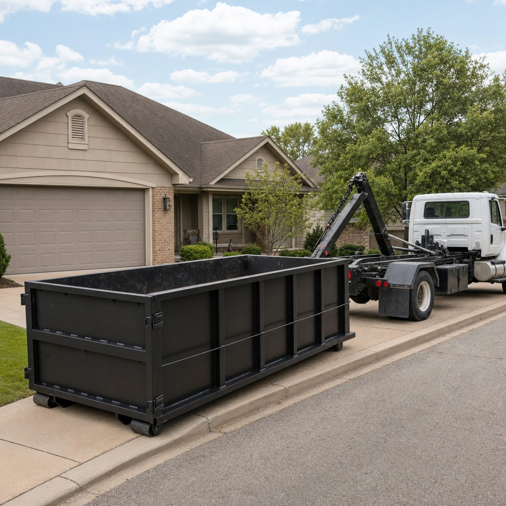 Wide documentary shot of a matte-black roll-off dumpster on a Huntington Beach residential driveway in the foreground and a contractor jobsite container in the soft-focus background, bright daylight, calm and orderly composition.