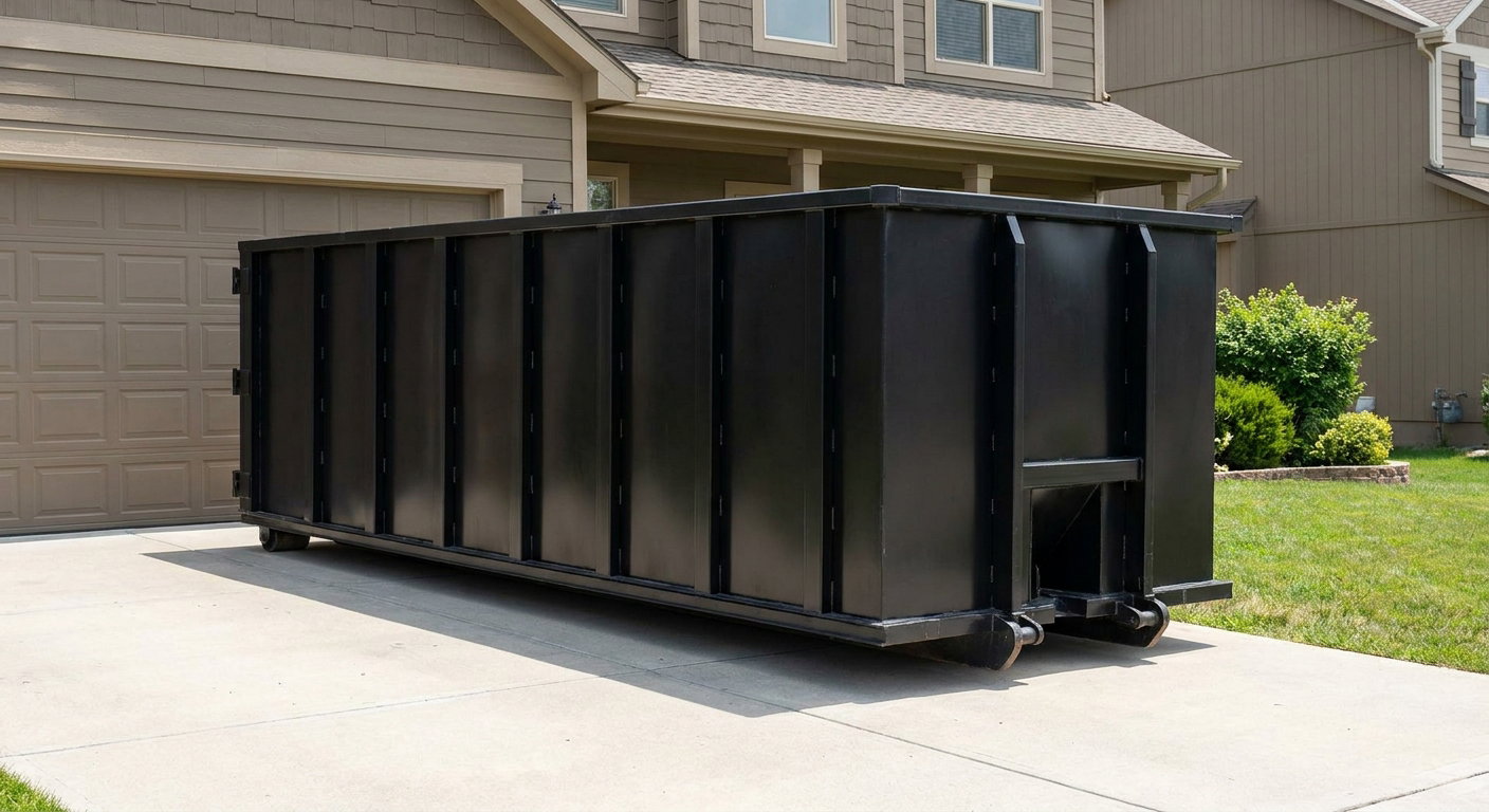 Matte-black residential roll-off dumpster sitting directly on a suburban Huntington Beach concrete driveway, garage door closed, single-family home in background, bright morning daylight.
