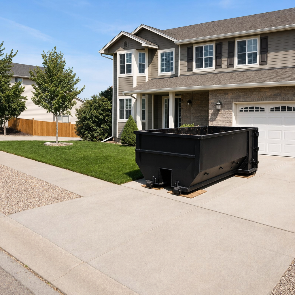 10-yard matte-black residential dumpster placed directly on a narrow Huntington Beach concrete driveway, room remains for a parked sedan beside it, mid-morning natural light