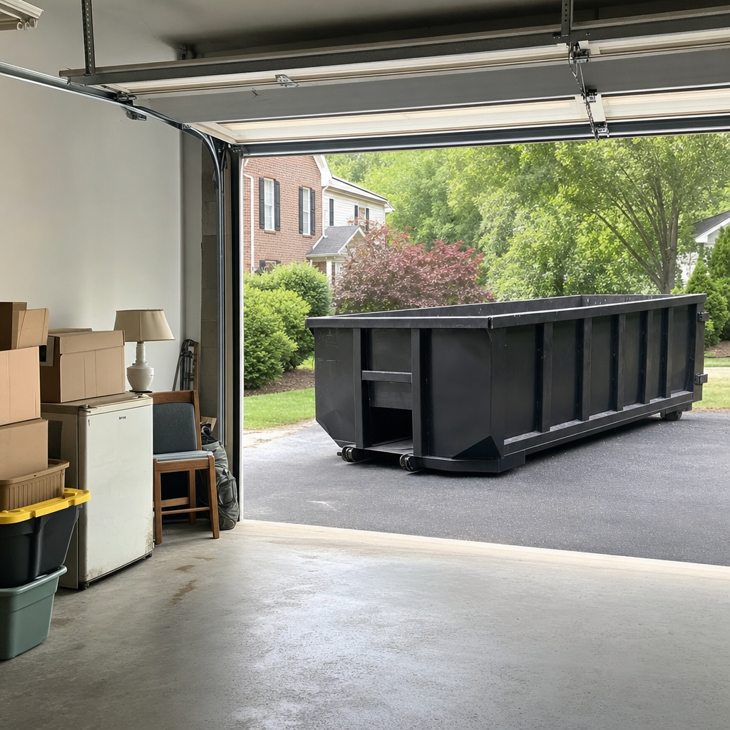 Open garage interior in a Huntington Beach home mid-cleanout — boxed items, an old appliance, and stacked yard tools queued near the driveway for a matte-black roll-off dumpster, organized and calm