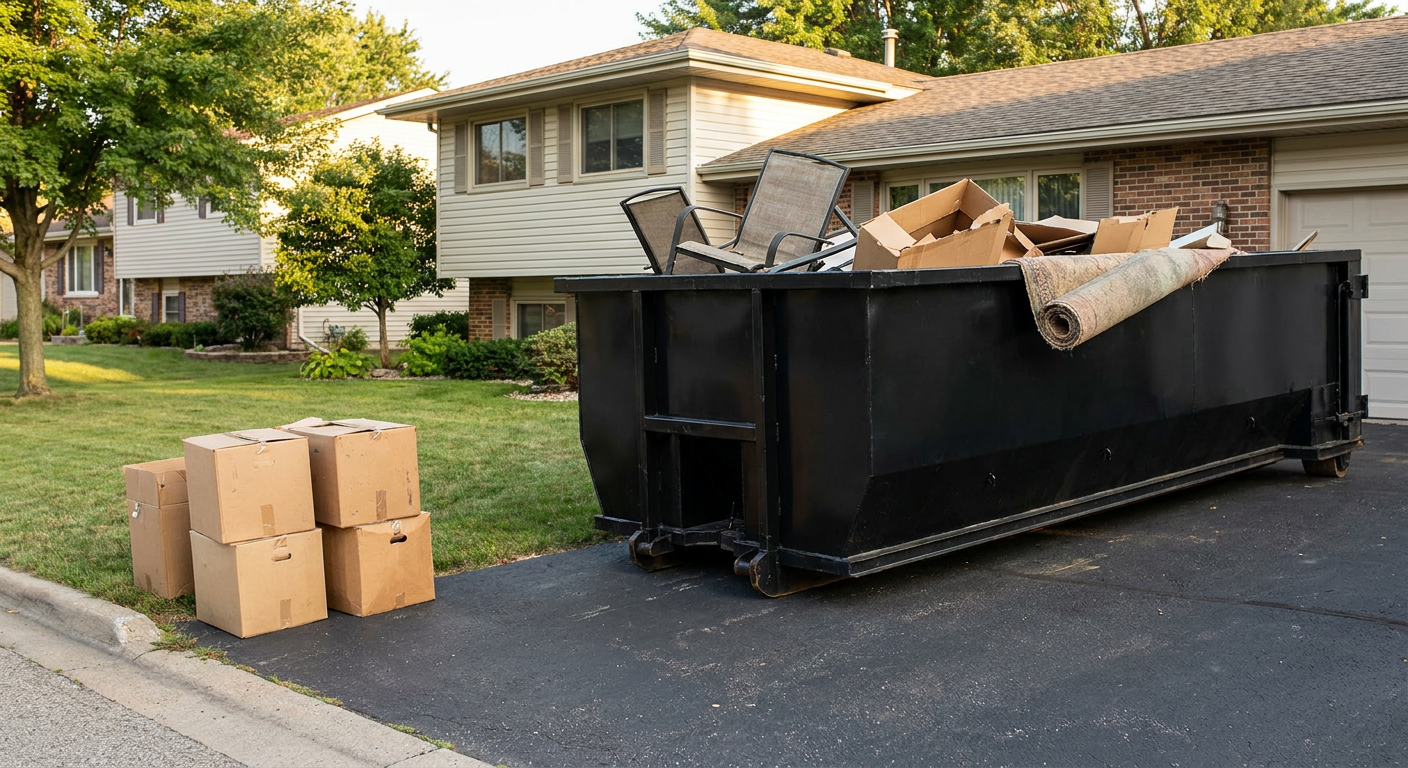 Front-yard view of a Huntington Beach split-level home with a 20-yard matte-black roll-off dumpster sitting directly on the asphalt driveway, a few clearly labeled donation boxes staged at the curb, calm sunny afternoon.