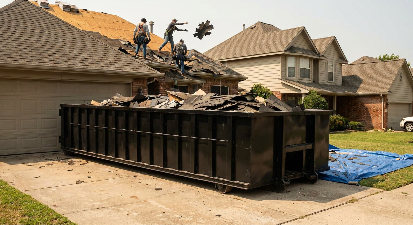 Matte-black roofing roll-off dumpster placed directly on a Huntington Beach residential concrete driveway, a tear-off crew on a two-story asphalt-shingle roof tossing shingle bundles into the low-walled container, bright daylight, documentary 35mm perspective.