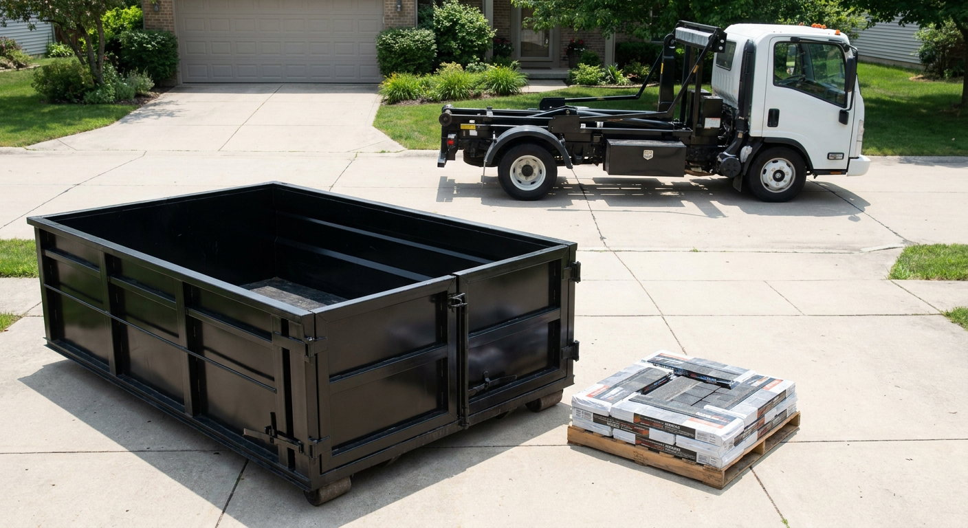 Matte-black 15-yard roofing roll-off dumpster with reinforced low side walls sitting directly on a Huntington Beach residential concrete driveway, three-tab asphalt shingle bundles stacked nearby, an unmarked white hauler truck partially visible at the edge of the frame.