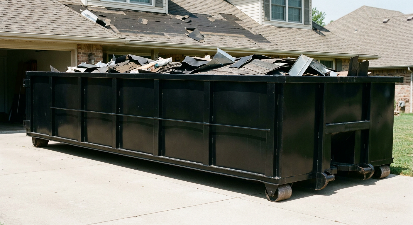 Matte-black 20-yard roofing roll-off dumpster with steel ribbed sides and swinging rear door, sitting directly on the concrete driveway of a two-story Huntington Beach home, asphalt shingle debris being loaded over the low wall, clean documentary lighting.