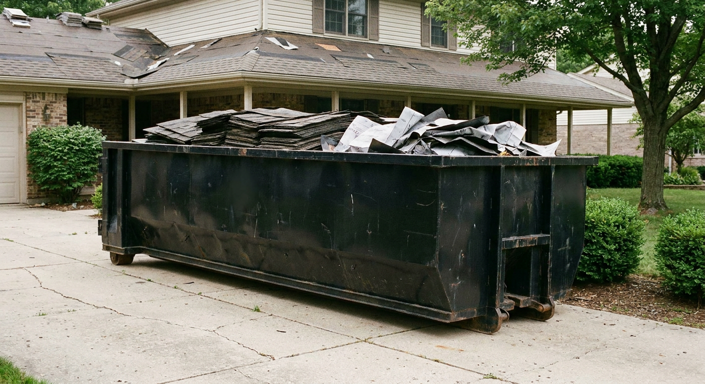 Matte-black 30-yard roofing roll-off dumpster sitting directly on a Huntington Beach concrete driveway, taller ribbed steel side panels, mixed tear-off debris of asphalt shingles and underlayment inside, professional documentary daylight.