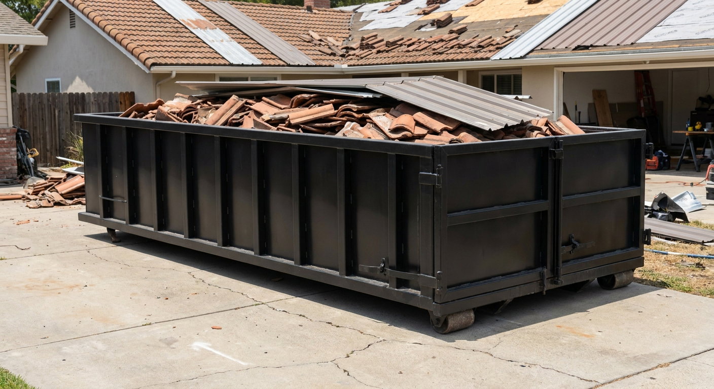 Matte-black low-wall heavy-debris roofing roll-off dumpster sitting directly on a Huntington Beach concrete driveway, broken concrete clay roof tiles and metal panel sections loaded inside, reinforced ribbed steel side walls visible, bright outdoor daylight.
