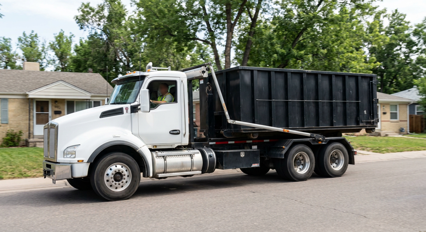 A wide documentary shot of a matte-black roll-off delivery truck pulling onto a quiet Huntington Beach residential street at mid-morning, with neighborhood rooftops and tree-lined blocks visible behind, showing the metro coverage footprint.
