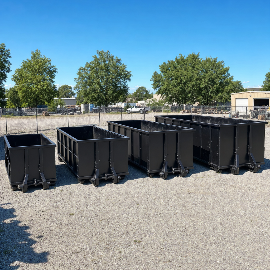 A clean lineup of matte-black roll-off dumpsters in 10, 20, 30, and 40-yard sizes staged on a sunlit gravel yard in Huntington Beach, showing the size progression from compact to commercial-scale containers.