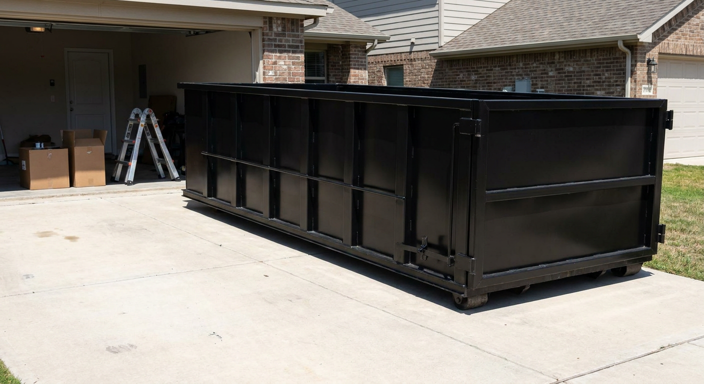 A matte-black 10-yard roll-off dumpster sitting directly on a residential Huntington Beach concrete driveway, mid-day sunlight, clean and ready for a garage cleanout.