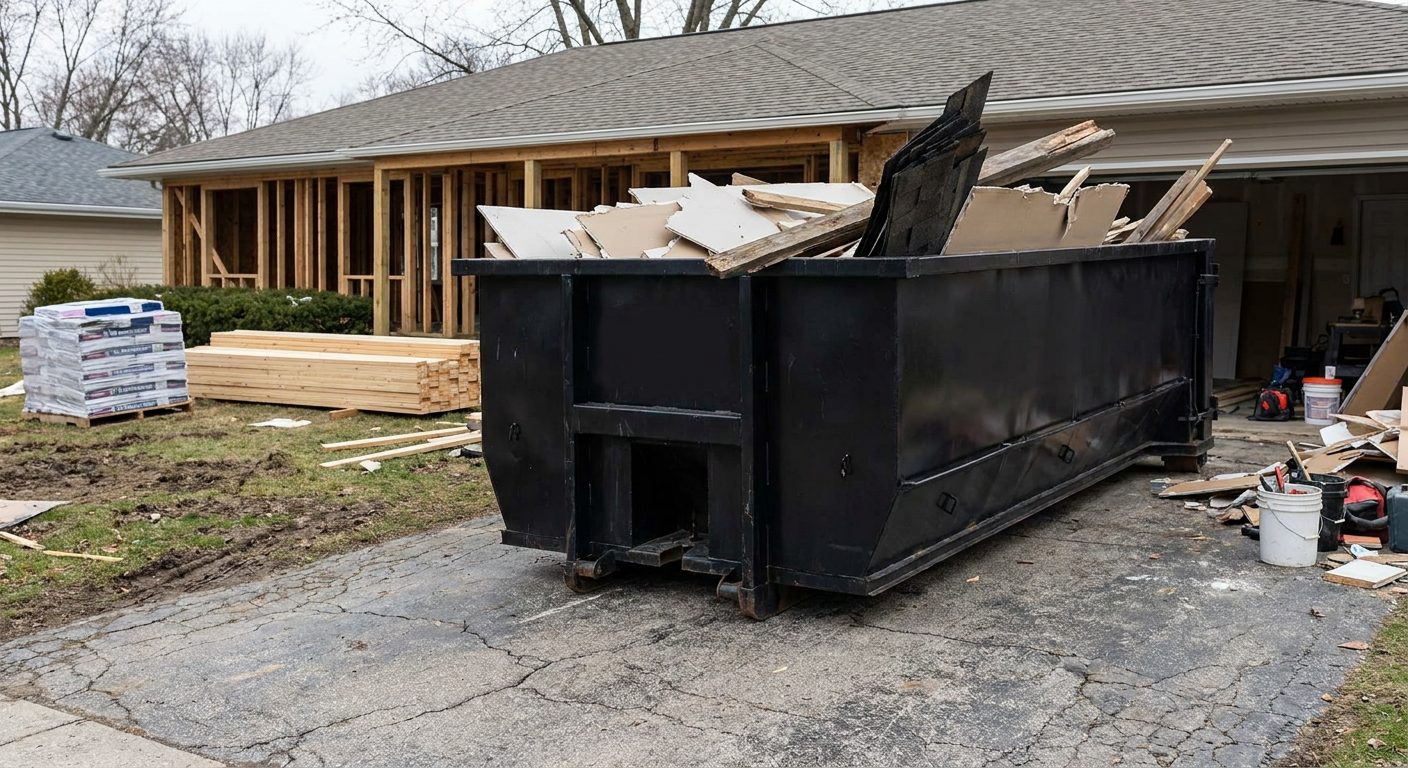 A matte-black 20-yard roll-off dumpster placed alongside a mid-renovation Huntington Beach home directly on the asphalt driveway, with framing materials and torn-off shingles staged neatly nearby.