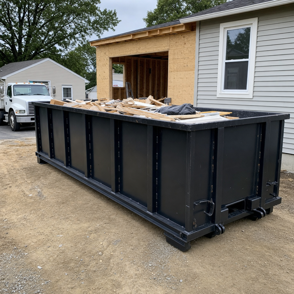 A matte-black 30-yard roll-off dumpster positioned at a Huntington Beach residential addition jobsite, with framing lumber and drywall scraps loaded through the open swinging rear doors.
