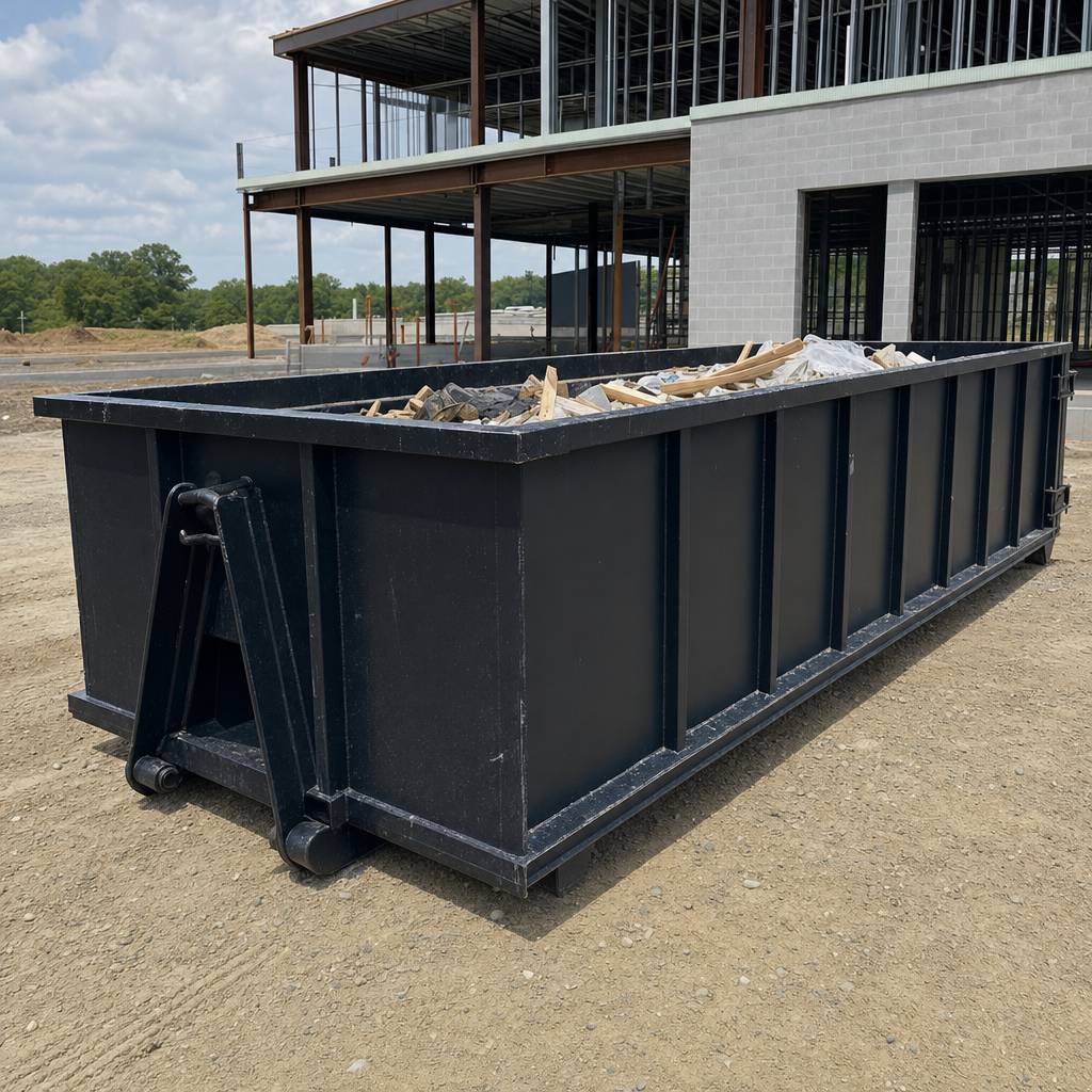 A matte-black 40-yard roll-off dumpster staged on a large Huntington Beach commercial construction lot, with a hooklift delivery truck parked alongside under bright midday sky.