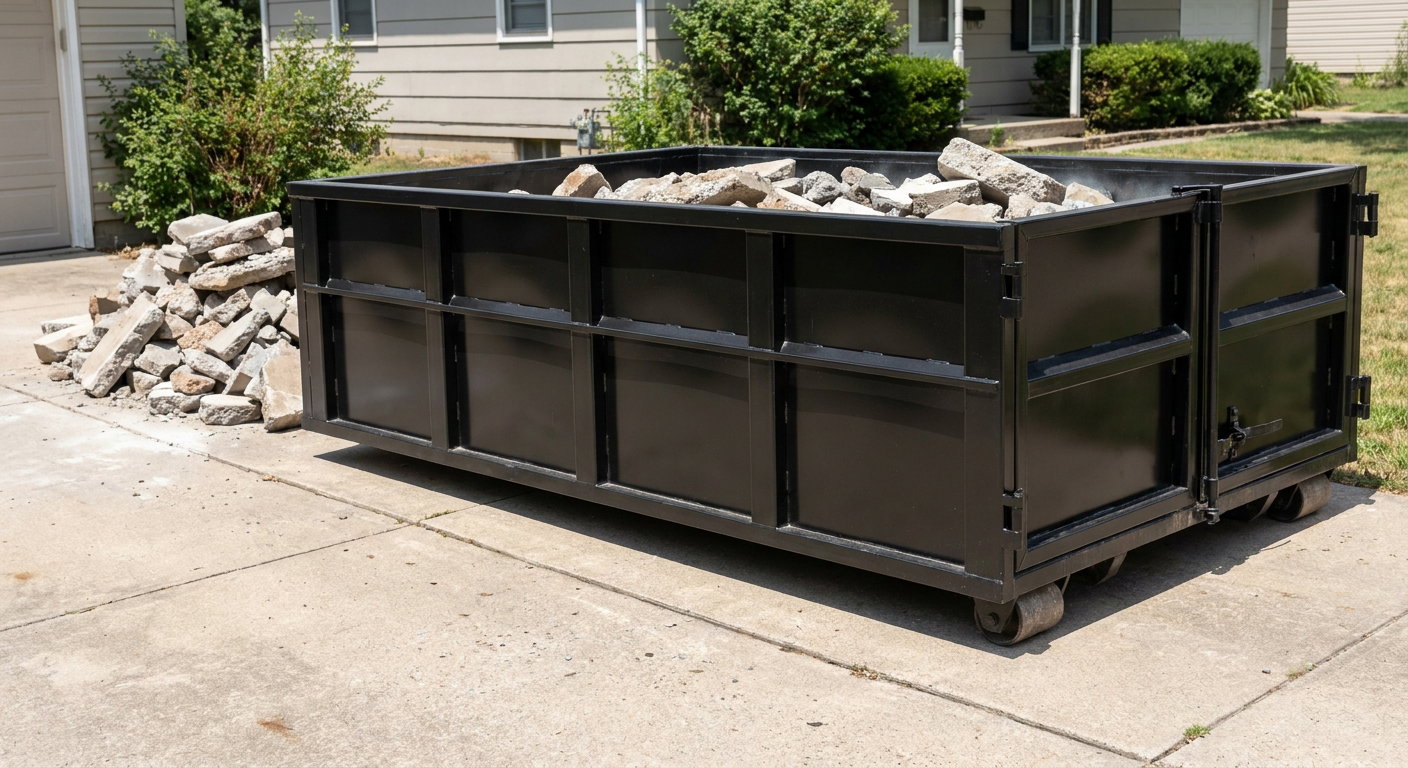 A matte-black low-side heavy-debris roll-off dumpster placed directly on a Huntington Beach concrete driveway, with broken concrete chunks neatly stacked beside it under clean daylight.